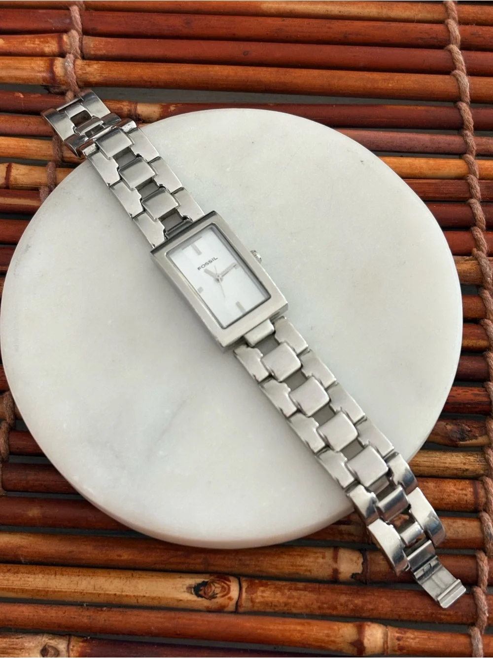 Fossil Silver Rectangular Stainless Steel Link Watch Needs Battery